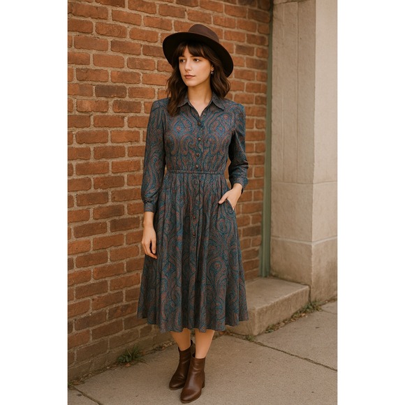 Vintage Bedford Fair Paisley Midi Dress Women's 6p Made in USA Cottagecore Retro - Picture 4 of 7